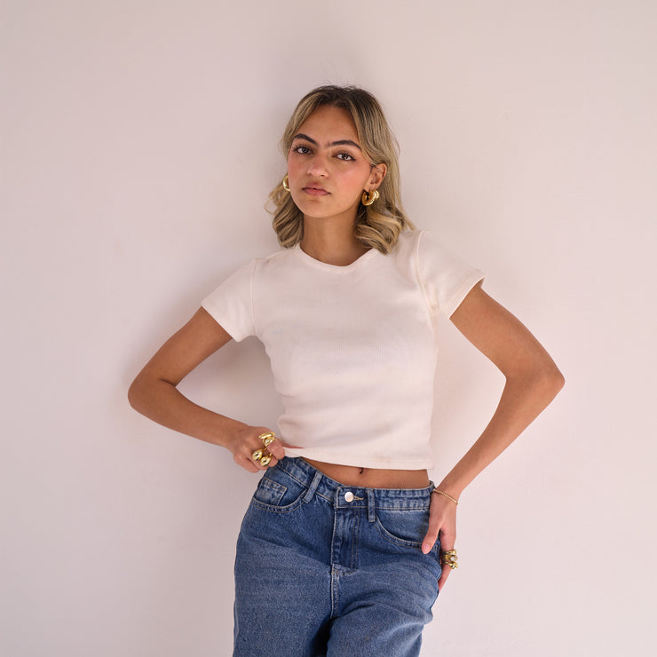 White Ribbed Short Sleeve