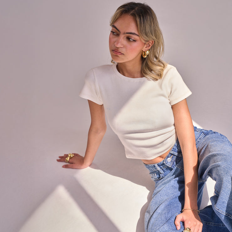 White Ribbed Short Sleeve