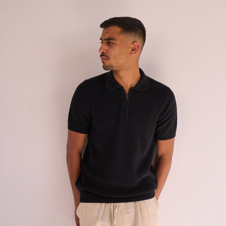 Black Knit Zip-up Polo