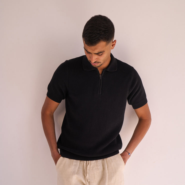 Black Knit Zip-up Polo