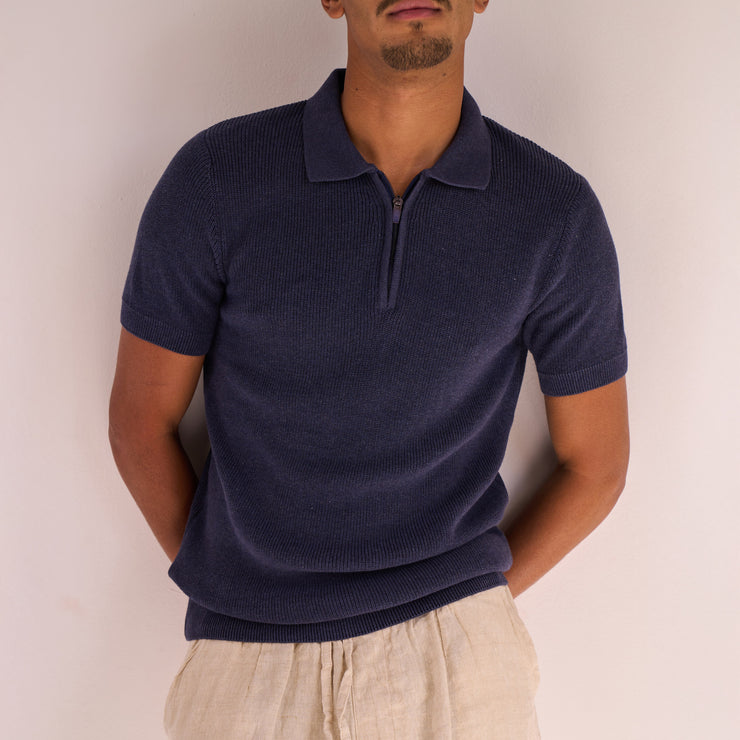 Navy Blue Knit Zip-up Polo