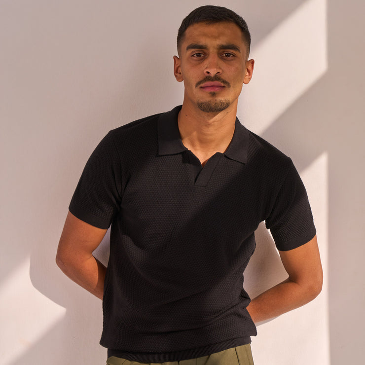 Black Knit V-neck Polo
