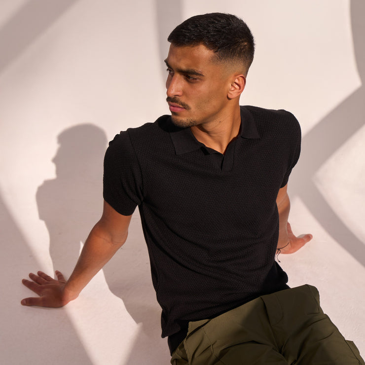 Black Knit V-neck Polo