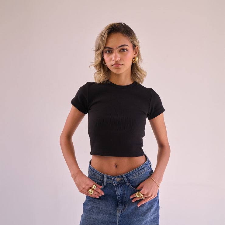 Black Ribbed Short Sleeve