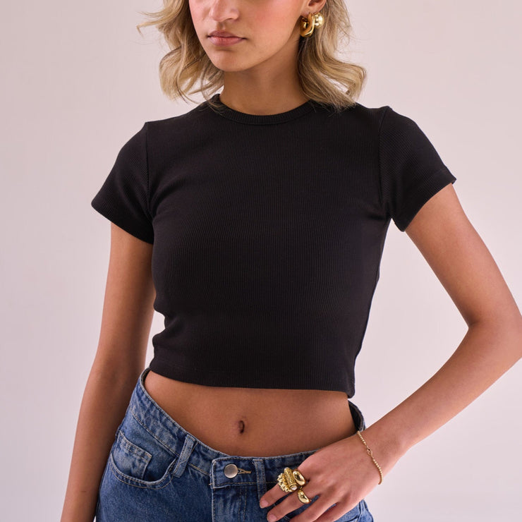 Black Ribbed Short Sleeve