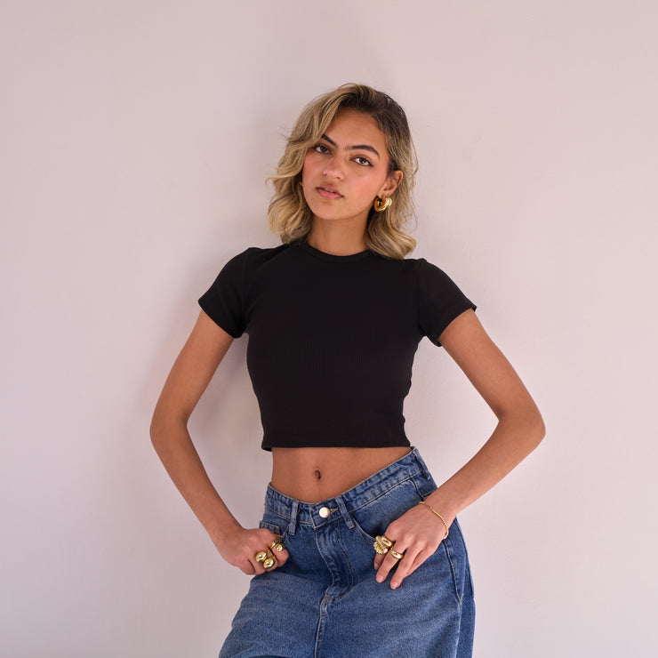 Black Ribbed Short Sleeve